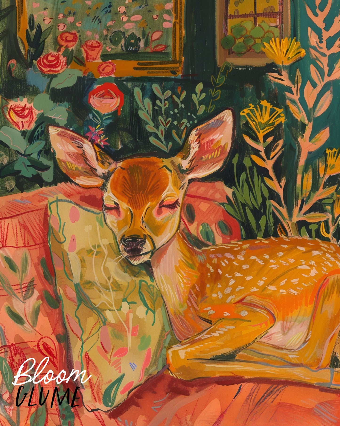 Doezing off - Deer Print, woodland art, Cozy girl, Cottagecore, Whimsical Art, Sketchy Art, Line Art, Cozy Room Decor, Folklore art