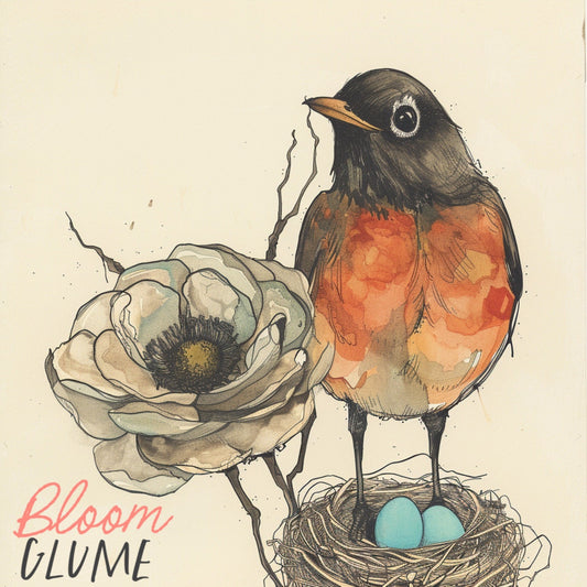 Robin with nest and Blue eggs | Whimsical Art | Nature art | Cottagecore | Bird Art | Line Art Print | Botanical Art | Springtime Art |