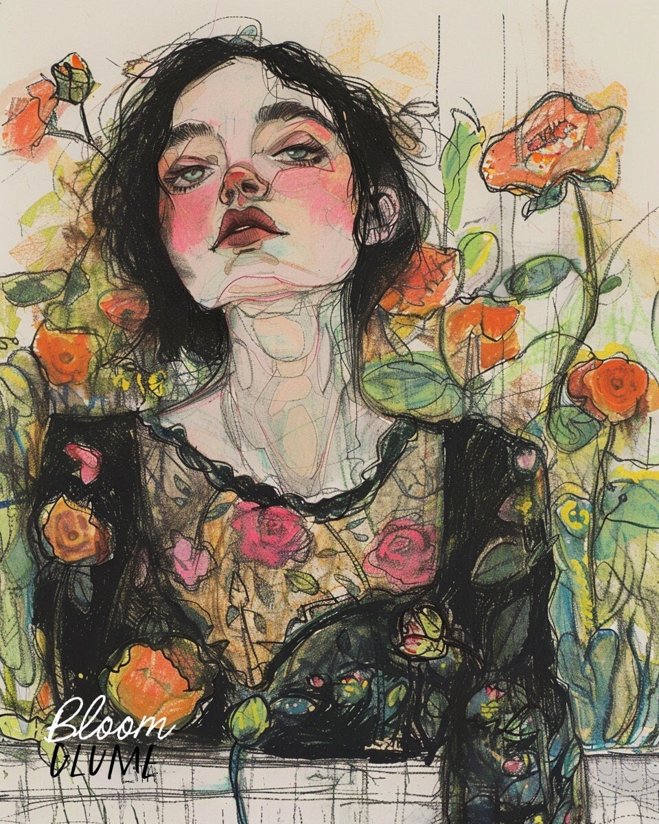 Sunday Afternoon | Secret Garden Series Print | Whimsical Portrait art | Fashion Sketch | Flower Lady | Botanical portrait Art