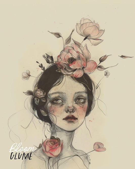 Viridity Print | Whimsical Art | Pop Surrealism | Dark Cottagecore | low brow | Flower Lady | Botanical Art | kawaii goth