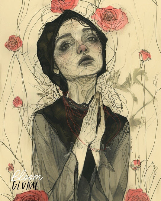 Lady of Sorrows Print | Whimsical Art | Pop Surrealism | Dark Cottagecore | Emotional Art | Flower Lady | Botanical Art | Fashion Sketch