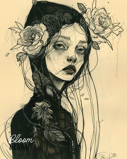 Hypophrenia  Print | Whimsical Art | Pop Surrealism | Dark Cottagecore | Emotional Art | Flower Lady | Botanical Art | Fashion Sketch