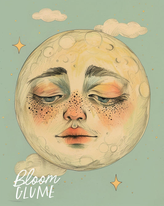 Sleepy Bedtime Moon | Illustration Art | Cottagecore | Whimsical Art | Moon with a face | pop surreal | Celestial Art | Fantasy Art |