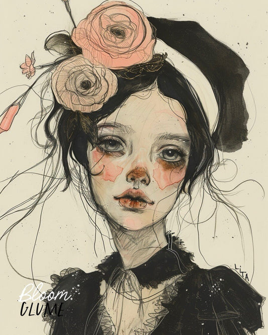 Untitled Print | Whimsical Art | Pop Surrealism | Dark Cottagecore | Emotional Art | Flower Lady | Botanical Art | Fashion Sketch