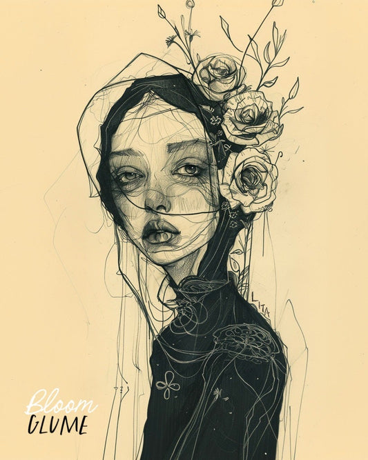 La douleur exquise Print | Whimsical Art | Pop Surrealism | Dark Cottagecore | Emotional Art | Flower Lady | Botanical Art | Fashion Sketch