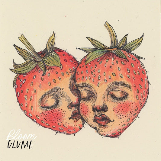 Strawberry Kisses 5x5 miniature Print - Berry heads series, Fruit art, Cozy girl, Cottagecore, Whimsical Art, Line Art, Cozy Room Decor