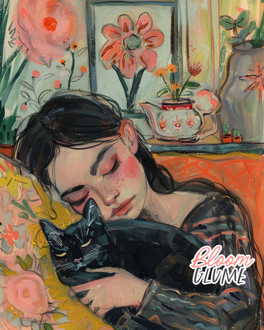 Cat nap Print #2 - Cozy girl, Cozy Vibes, Cottagecore, Whimsical Art, Sketchy Art, Line Art, Cozy Room Decor, Folklore art, Soft girl