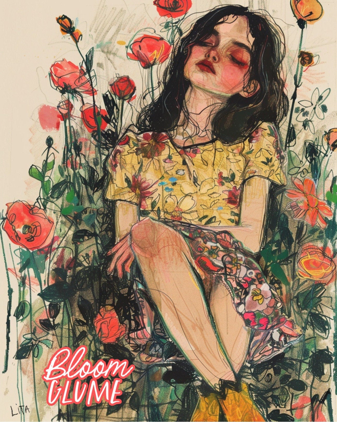 Warmth of the Sun | Secret Garden Series Print | Whimsical Portrait art | Fashion Sketch | Flower Lady | Botanical portrait Art |