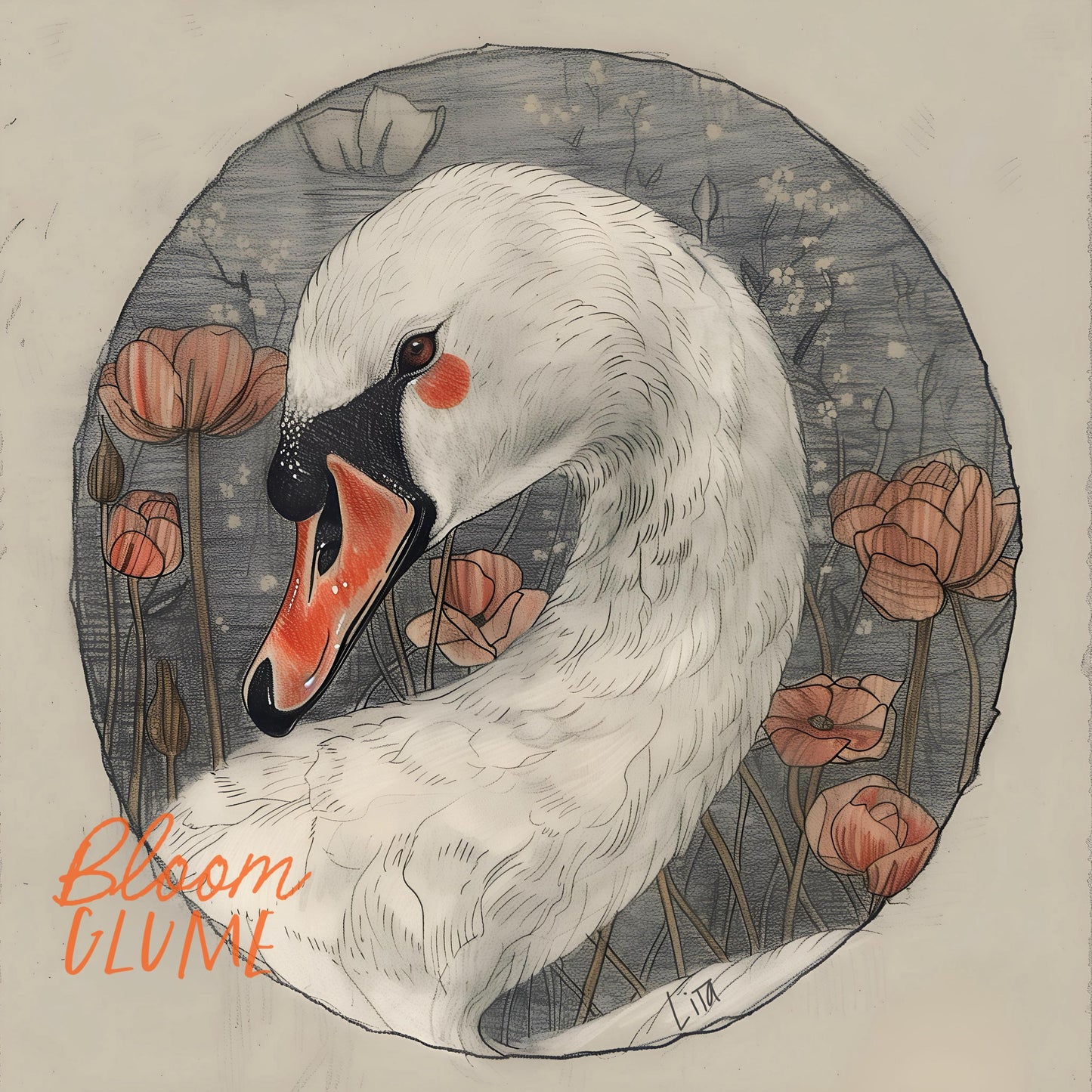 Swan Sketch Print, Secret Garden Series Print, Whimsical art, Botanical Art, wildlife art, swan art, fairytale art, Audubon Art