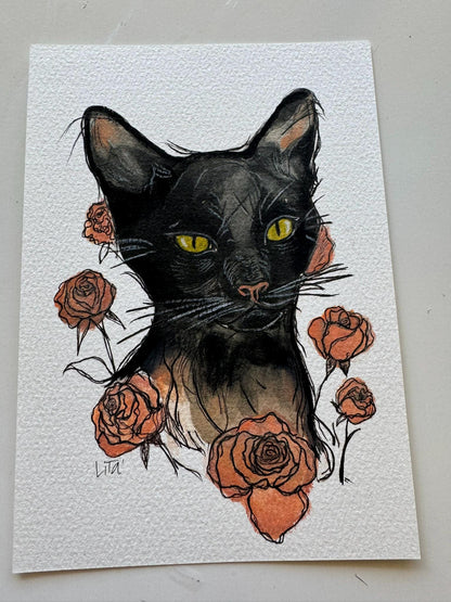 Original 5x7 Art Black Cat Watercolor Sketch, Autumn Art, Halloween Art, Cat Art, Pop Art, illustration Art, miniature art, seasonal art