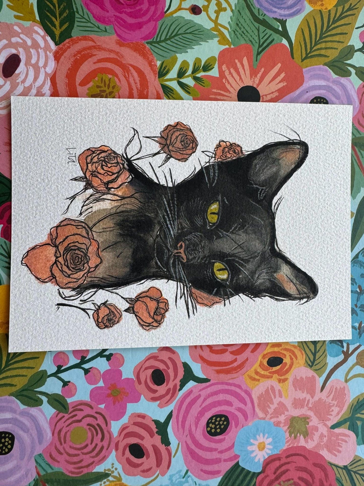 Original 5x7 Art Black Cat Watercolor Sketch, Autumn Art, Halloween Art, Cat Art, Pop Art, illustration Art, miniature art, seasonal art