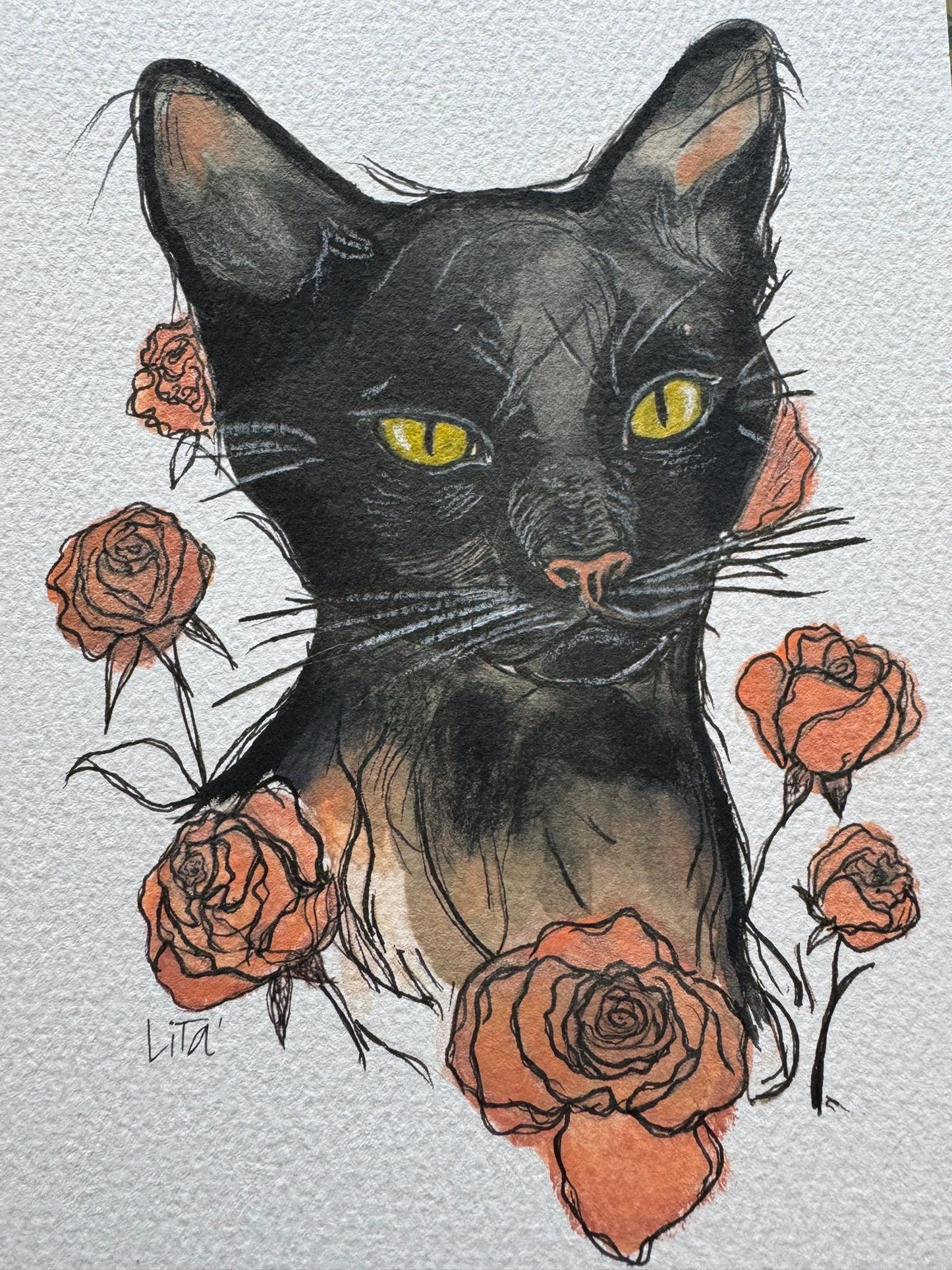 Original 5x7 Art Black Cat Watercolor Sketch, Autumn Art, Halloween Art, Cat Art, Pop Art, illustration Art, miniature art, seasonal art