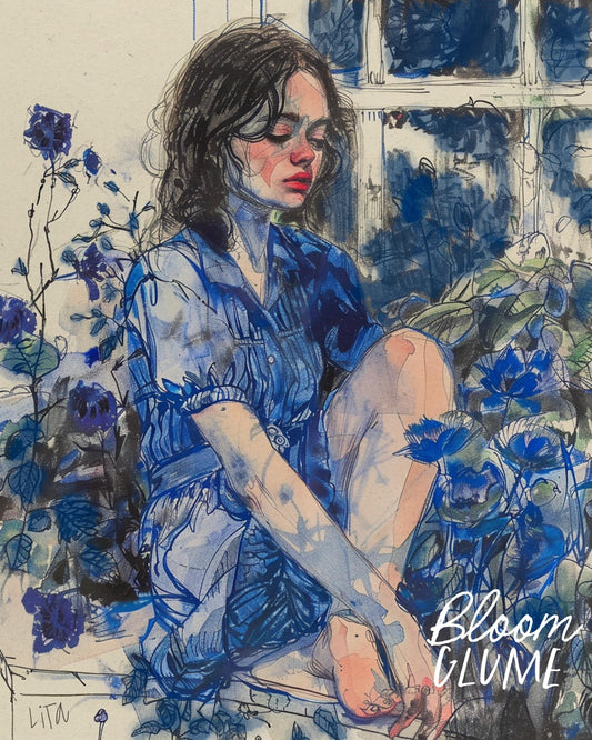 Memories of you | The Blue Period Series Print | Whimsical Portrait art | Emotional Art | Botanical portrait Art | Fashion Sketch