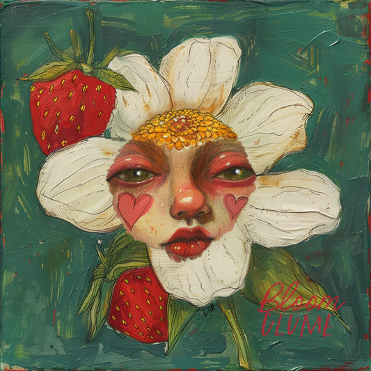 Fragaria Print, Strawberry Decor, Strawberry art, Flower art,  Flower Face, Fairytale art, Doll flower, Lowbrow art, Cottagecore