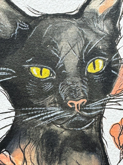 Original 5x7 Art Black Cat Watercolor Sketch, Autumn Art, Halloween Art, Cat Art, Pop Art, illustration Art, miniature art, seasonal art